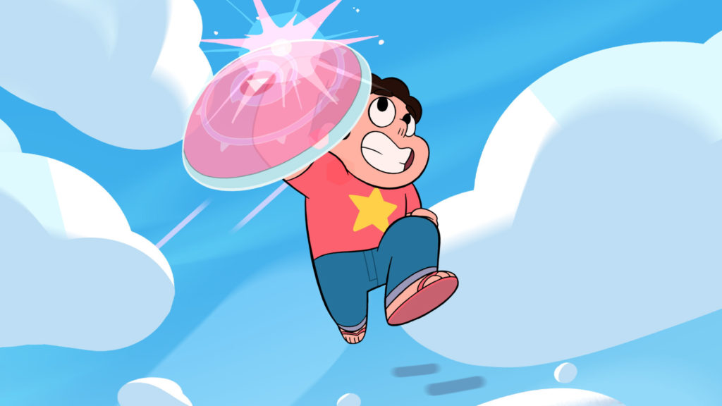 (Zeichentrick) Steven, bekleidet mit rotem Shirt mit gelbem Stern, springt/fliegt in der Luft. Sein rosafarbenes Schutzschild funkelt im Sonnenlicht.