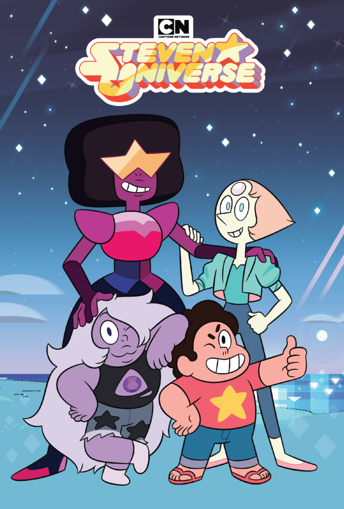 Serien-Plakat (Zeichentrick): Vor einem Nachthimmel und unter dem Steven-Universe-Logo stehen Garnet und Pearl und umarmen sich; beide legen die Hände auf die vor ihnen stehenden Amethyst und Steven. Steven zeigt einen "Daumen hoch".